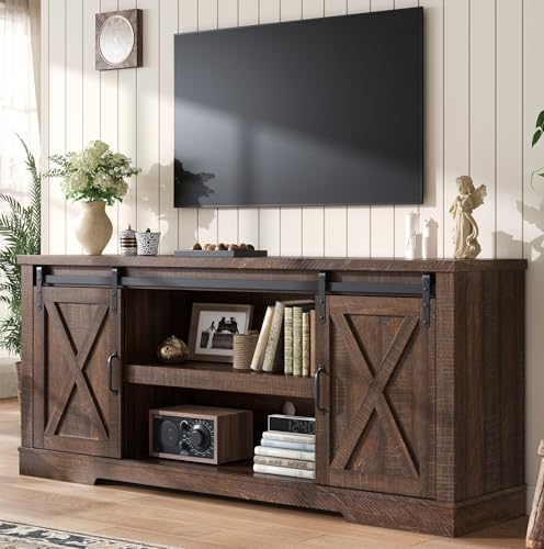 66” TV Stand for 65 Inch TV, Farmhouse Entertainment Center with Storage Cabinets and Adjustable Shelf & Feet, Modern TV Console Table for Living Room or Bedroom, Rustic Brown