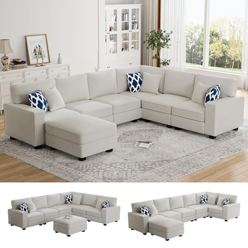 Oversized Modular Sectional Sofa,U/L‑Shaped Reversible Couch with Ottoman,Deep Seat Plush Polyester Sofa for Living Room,7‑Seater,Cream
