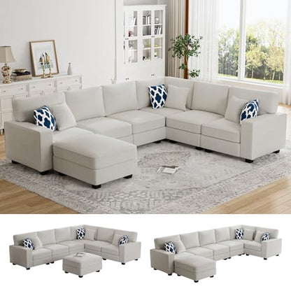 Oversized Modular Sectional Sofa,U/L‑Shaped Reversible Couch with Ottoman,Deep Seat Plush Polyester Sofa for Living Room,7‑Seater,Cream