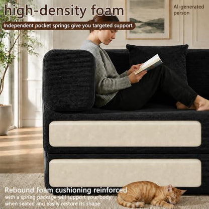 Folding Sofa Bed Convertable Corduroy Couch King Size Floor Sleeper 4-in-1 DIY Combination Modular Sofa Fold Out Futon Lounge Comfy Foldable Lazy cama for Living Room (Black, 80.3 inch Sofa)