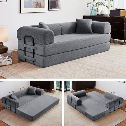 79" Convertible Sofa Bed, 5-in-1 Corduroy Boneless Couch Bed Sofa Pull Out, Memory Foam Couch, No Assembly Futon Couches for Living Room Dark Grey