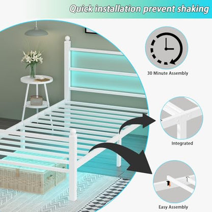 White Metal Bed Frame with RGB Lights and USB, Underbed Storage, view 7
