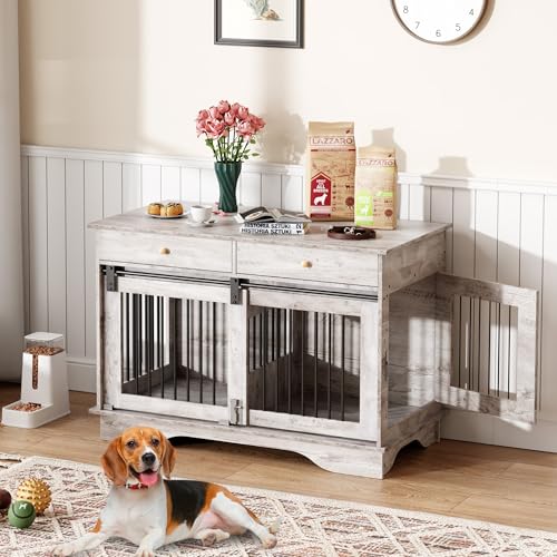 Multi-Functional Large Wooden Dog Crate Furniture – Double Kennel End Table, view 2