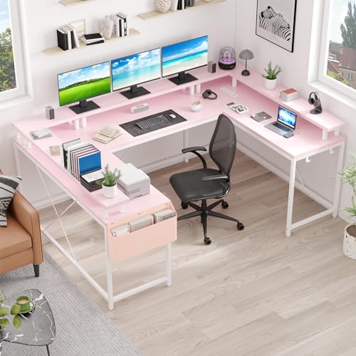 U-Shaped Computer Desk with Power Outlets & LED Lights 79 Inch Reversible, view 3