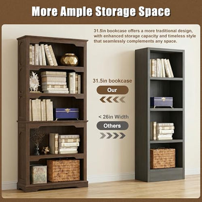 70” Walnut Bookcase Bookshelf, 5-Tier Farmhouse Bookcase Shelves | Country Rustic Bookshelves for Home, Office, School, Library, Walnut Bookcases with Storage, Open Shelf, Arched Design