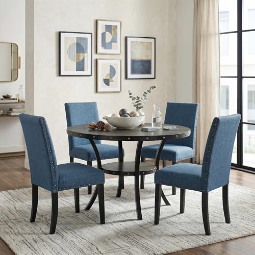 Collection Biony Espresso Wood Dining Set with Blue Fabric Nailhead Chairs
