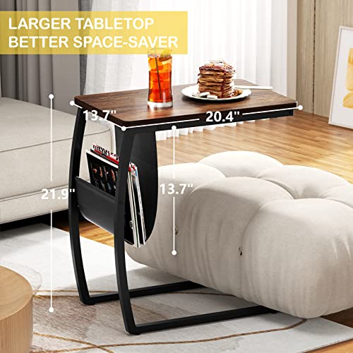 Side Table End Table, Vintage C Shaped Couch Table with Side Pocket for Sofa Laptop Coffee Snack, Walnut