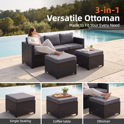 7-Piece Outdoor Patio Furniture Set, Rattan Outdoor Sectional with Thick Waterproof Cushions, Wicker Ottomans & Waterproof Cover, Patio Conversation Set for Garden, Backyard,Grey