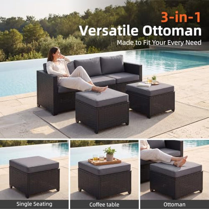 7-Piece Outdoor Patio Furniture Set, Rattan Outdoor Sectional with Thick Waterproof Cushions, Wicker Ottomans & Waterproof Cover, Patio Conversation Set for Garden, Backyard,Grey