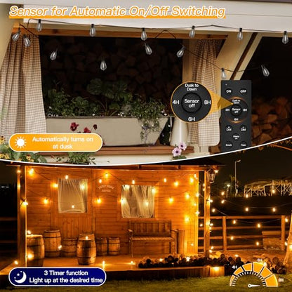 S11 100FT Outdoor String Lights with Remote, Plug in Waterproof Connectable 3 Modes Dimmable Timers Patio Lights with 48+2 LED Spare Bulbs, Dusk to Dawn Outdoor Light for Outside Bistro Yard