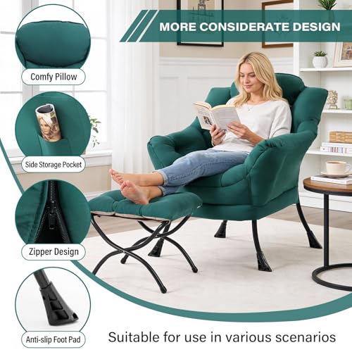 Lazy Chair with Folding Ottoman, Modern Accent Armchair with Armrests and a Side Pocket & Foldable Footstool, Reading Chair for Living Room, Bedroom, Dorm & Office, Dark Green