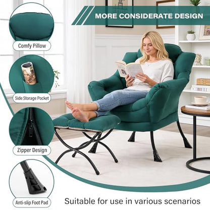 Lazy Chair with Folding Ottoman, Modern Accent Armchair with Armrests and a Side Pocket & Foldable Footstool, Reading Chair for Living Room, Bedroom, Dorm & Office, Dark Green