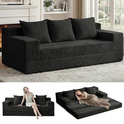3 Seater Boneless Couch Sofa Bed, 78'' Corduroy Oversized Loveseat Folding Sofas Bed, Compression Convertible Futon Floor Couch Sofa Beds with 3 Pillows for Living Room Bedroom Apartment