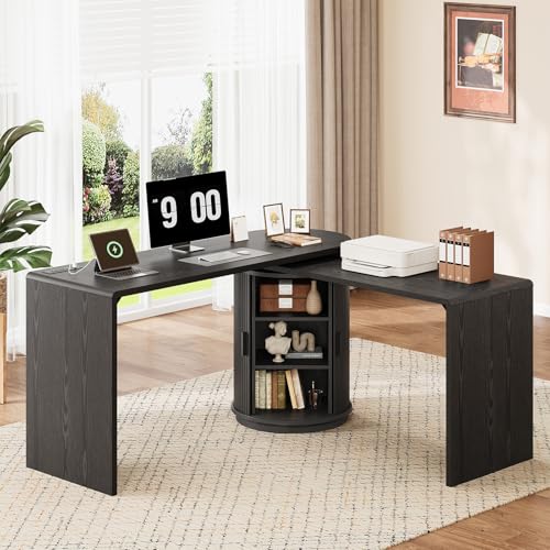 60 Inch L Shaped Desks with Power Outlets,360° Rotating Swivel Corner Desk with Storge, Fluted Computer Table for Home Office,Workstation,Study Room,Black