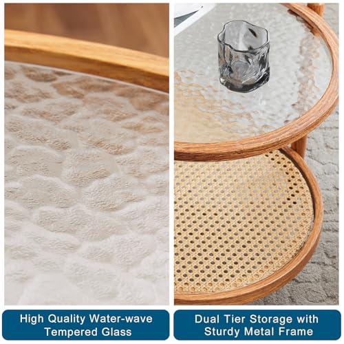 38" Rattan Oval Coffee Table, Water-Wave Glass Metal Center Table, Modern Coffees Table with 2-Tier Storage, Farmhouse Coffe Table for Living Room and Small Space, Natural Vibe
