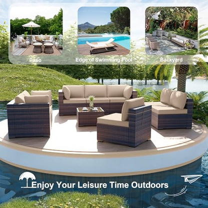 9 Pieces Patio Furniture Set Wicker Patio Conversation Set with 4 Corner Sofas, Outdoor Sectional Furniture w/Coffee Table & Washable Seat Cushions-Sand
