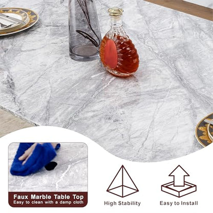 Marble Dining Table for 6 People, 70'' Rectangle Faux Marble Dining Table with Mirrored Stainless Steel Base, Large Size Marble Kitchen Table (Gold,Grey)(only Table)