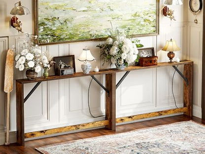 5.9 Inch Narrow Console Table with Power Outlet,Sofa Table Set of 2，Total Length 94'' Sofa Table Behind Couch，for Entryway&Living Room, Rustic Brown