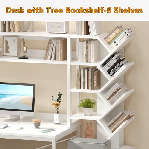 Reversible Computer Desk with Hutch, Home Office Desk with Drawers and Bookshelf, 52'' Study Writing Desk with Storage Shelves for Bedroom Home Office, White
