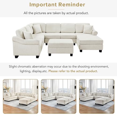 Sectional Sofa 111.8" U Shaped Sofa Chenille Upholstered Sofa Couch with Movable Storage Ottoman for Living Room, White