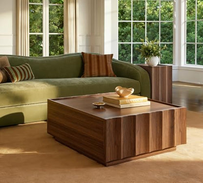 Square Coffee Table with Storage, Mid Century Modern Coffee Table with Wave Design, Wood Grain Finish, Minimalist Center Table with Top-Edge Finger Pull Design for Living Room, Office, Walnut