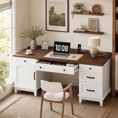 60" Farmhouse Home Office Desk, Executive Desk, Brownish White, view 5