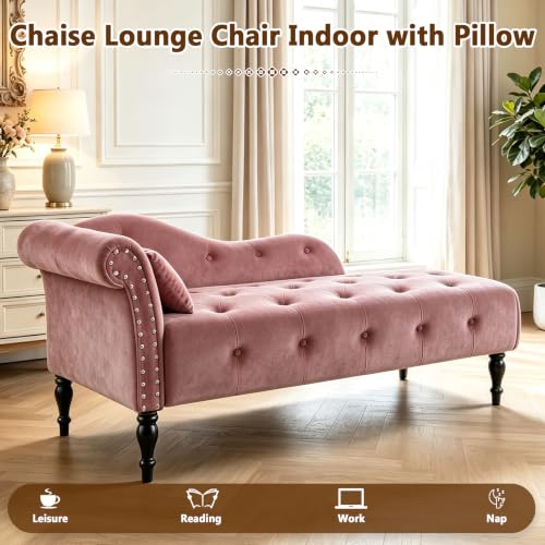 Velvet Upholstered Chaise Lounge Chair Indoor with Pillow, view 4