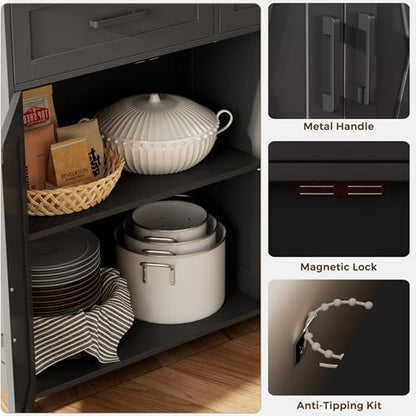 Sideboard Buffet Cabinet, Coffee Bar Storage Cabinet with Drawers and Doors, Farmhouse Kitchen Cabinet with Adjustable Shelves, for Kitchen, Dining Room, Living Room, Black