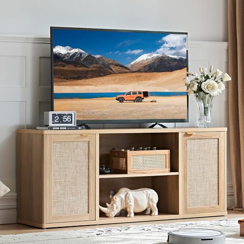 Rattan TV Stands for Living Room, Boho TV Cabinet with Storage and Open Shelf, Rustic Wood Entertainment Center, Media Console for 50-65 Inch TV, Natural Wood