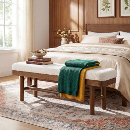 55" Upholstered Bedroom Bench, Solid Wood End of Bed Bench, Modern Indoor Bench with Cushion for Bedroom, Living Room, White & Brown