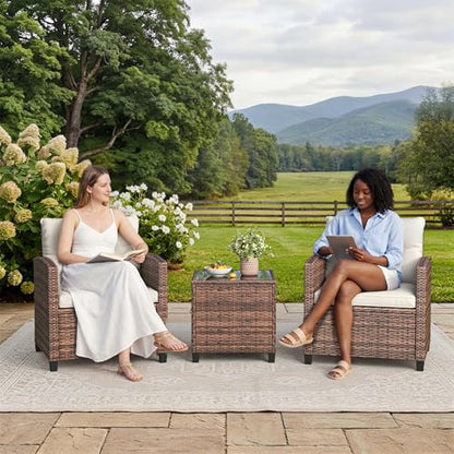 Outdoor Wicker Chairs,3 Pieces Patio Furniture Set,All Weather High Back Rattan Chairs w/Washable Cushion and Tempered Glass Tabletop for Deck Porch Balcony Backyard Garden,Brown & Beige
