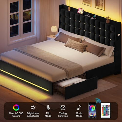 King Size Bed Frame with 4 Drawers, RGB LED Light, Charge Station, view 4