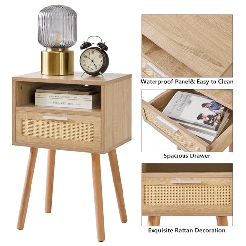 Rattan Nightstand, Boho Side Table with Drawer Open Shelf, Wood Accent Bedside Table, End Table with Legs for Bedroom, Living Room and Small Spaces,Natural UWNS009N