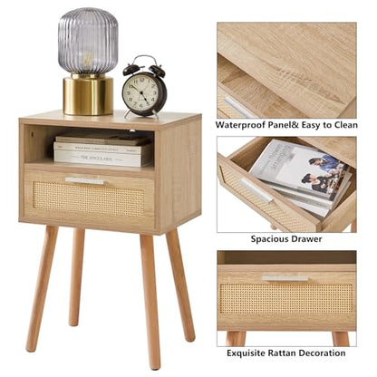 Rattan Nightstand, Boho Side Table with Drawer Open Shelf, Wood Accent Bedside Table, End Table with Legs for Bedroom, Living Room and Small Spaces,Natural UWNS009N