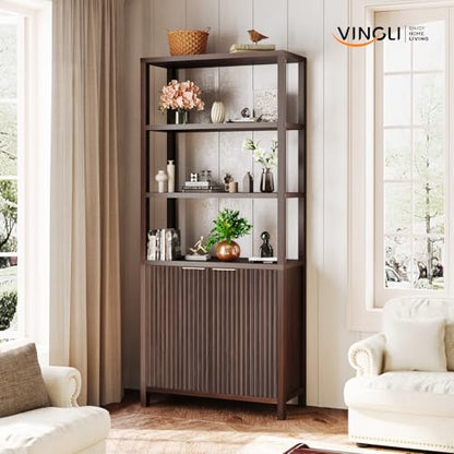 Bookcase with Fluted Doors, 71" Wood Storage Cabinet with Adjustable Shelves, view 4