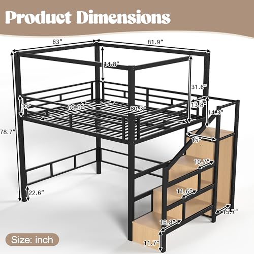Queen loft Bed with Storage Stairs, Wardrobe, LED, Canopy Support Pole, view 3