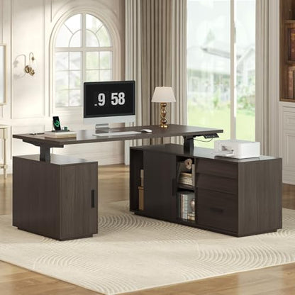 L Shaped Electric Standing Desk with 3 Drawers and Power Outlet, view 2
