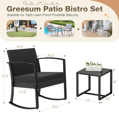 3 Pieces Outdoor Furniture Set Patio Bistro Rocking Chairs with Glass Coffee Table for Pool Beach Backyard Balcony Porch Deck Garden, Black