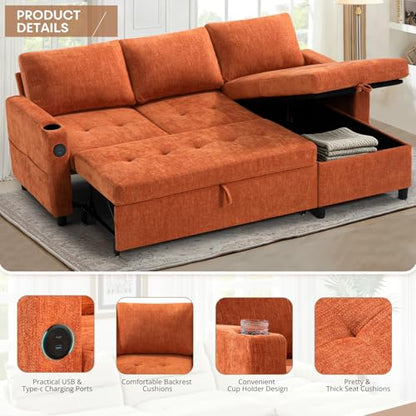 84" L-Shape Pull Out Sofa with 2 Storage Chaise, Orange | Chenille Sectional Sleeper Sofa w/Adjustable Backrest, Upholstered Reversible Couch Bed w/USB Port for Living Room, House