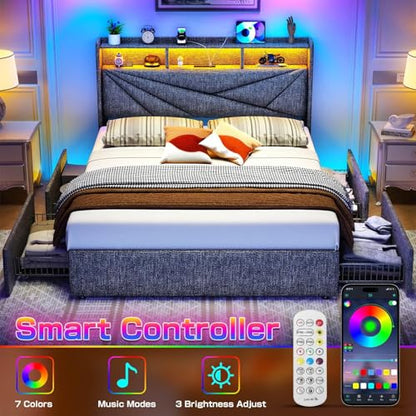 Queen Bed Frame with 4 Storage Drawers,and Led Headboard, view 4