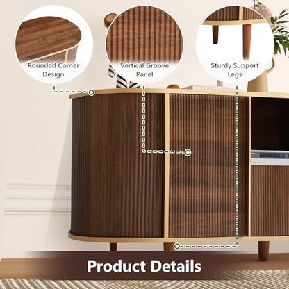 63" Fluted TV Stand with Storage for TVs up to 75", Brown | Modern Mid Century Entertainment Center Media Console with Adjustable Shelves and Open Storage for Living Room, Bedroom