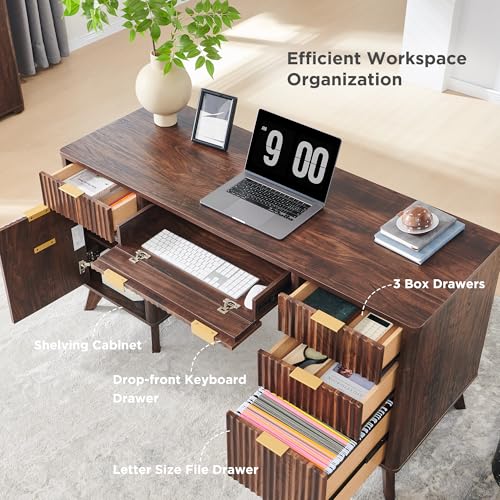 60" Modern Fluted Executive Desk with Drawers, Dark Walnut, view 5
