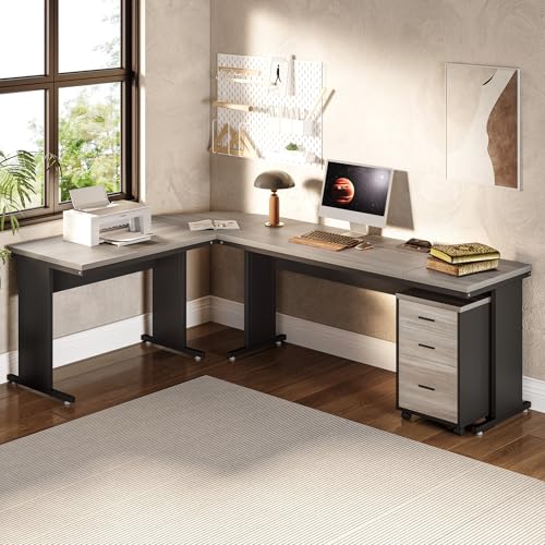 82.67" Long Executive Desk with Drawers, Large L-Shaped Office Desk with Mobile File Cabinet, Farmhouse Computer Office Furniture Work Desk with Storage for Home Office, Gray