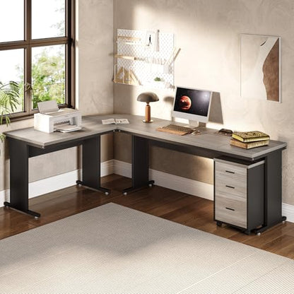 82.67" Long Executive Desk with Drawers, Large L-Shaped Office Desk with Mobile File Cabinet, Farmhouse Computer Office Furniture Work Desk with Storage for Home Office, Gray