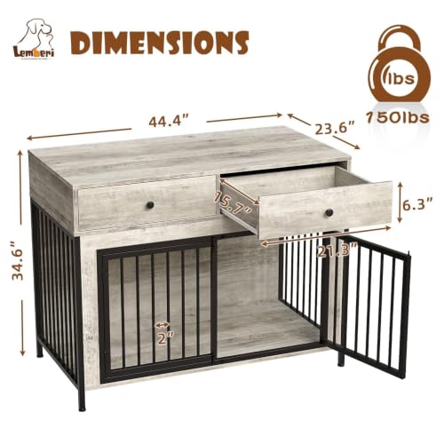 44" Wooden Dog Crate Furniture with Drawers for Large Dogs, Grey, view 3