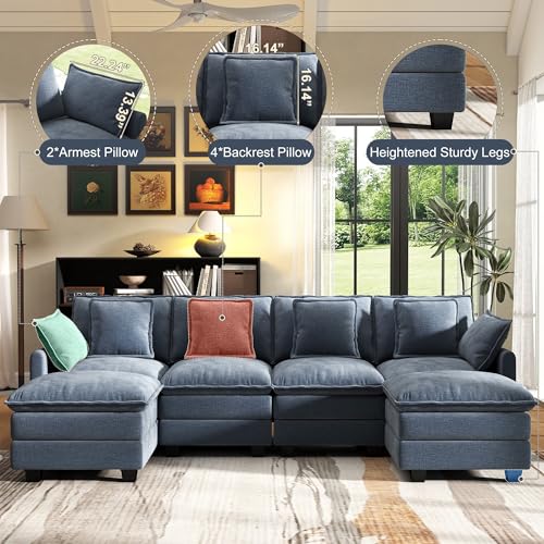 107" Cloud Couch Sectional, U Shaped Modular Sectional Sofa, 4-Seat Deep Seat Couch with 6 Removable Washable Pillows and 2 Ottoman for Living Room, Bedroom, Apartment, Blue