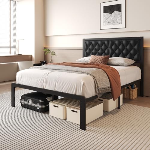 Full Bed Frame with Headboard PU Leather Upholstered Bed Frame Platform, view 4