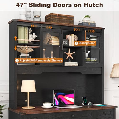76" Height Farmhouse Desk with Sliding Door Hutch, view 6