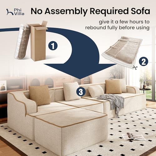 104" Cloud Sectional Sofa, Modern L-Shaped Couch with Deep Seat, Compressed Couches for Apartment Living Room, No Assembly Required, Corduroy, Beige