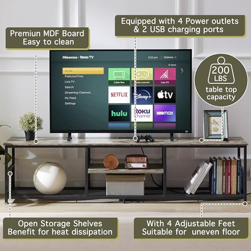 TV Stand with Power Outlets for Televisions up to 80Inch, 70" Media Entertainment Center with Charging Station 3-Tier Open Storage Shelves with Metal Frame for Living Room/Bedroom，Grey